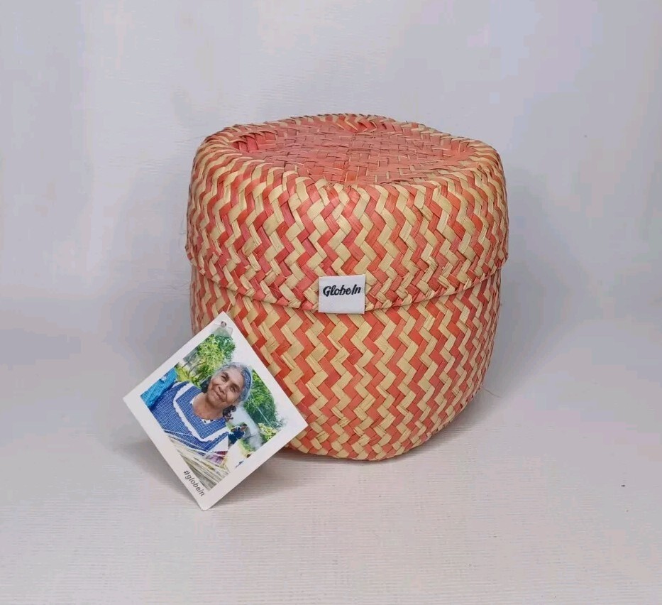 Globe In Handcrafted Woven Palm Leaf Basket With Lid