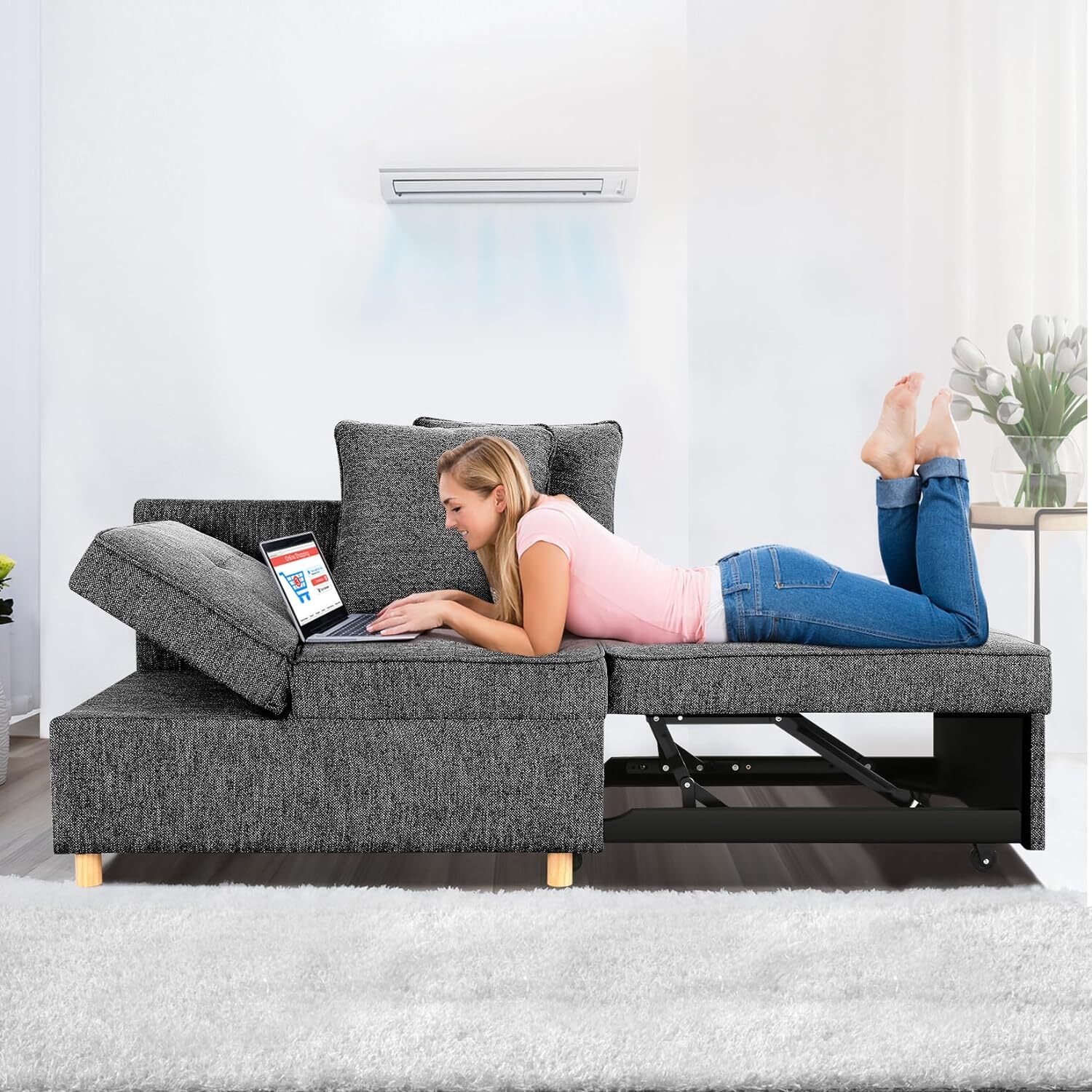 4-in 1 Folding Sleeper Chair Sofa Bed | 3-Seat Linen Fabric Love Seat Sofa Relax