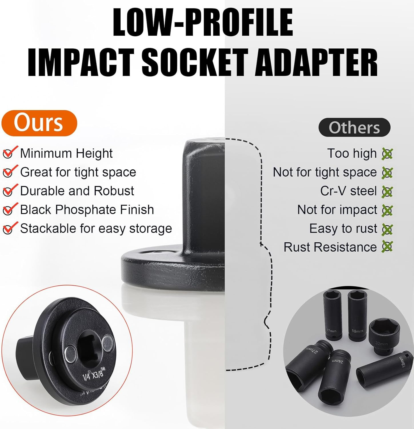 Socket Adapter Set, Low Profile Impact Socket Adapter for Tight Spaces, Impact I
