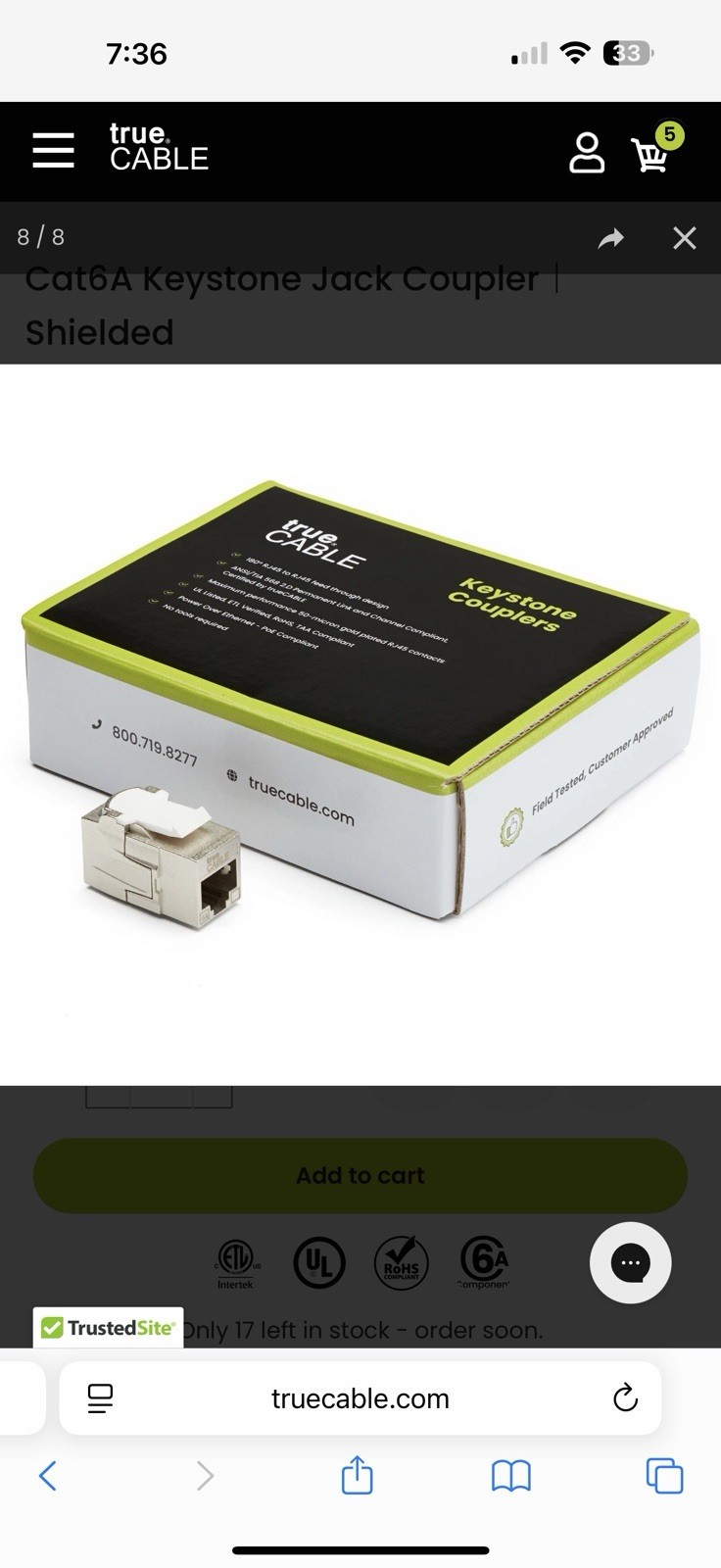 True Cable Cat6A Shielded Keystone Coupler | 12 Pieces