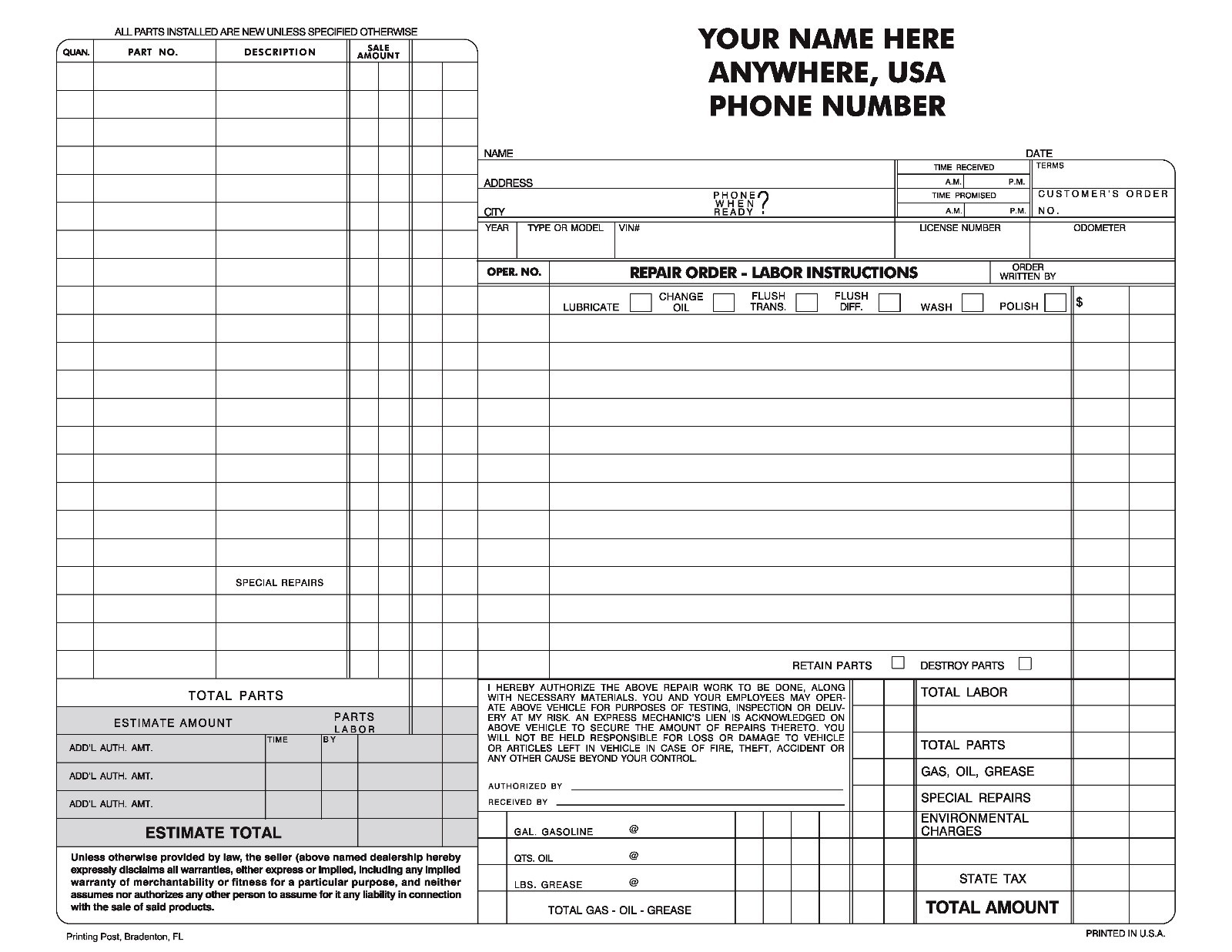 (250) Automotive Repair Order - 2 part Shop Work Order AUTO REPAIR