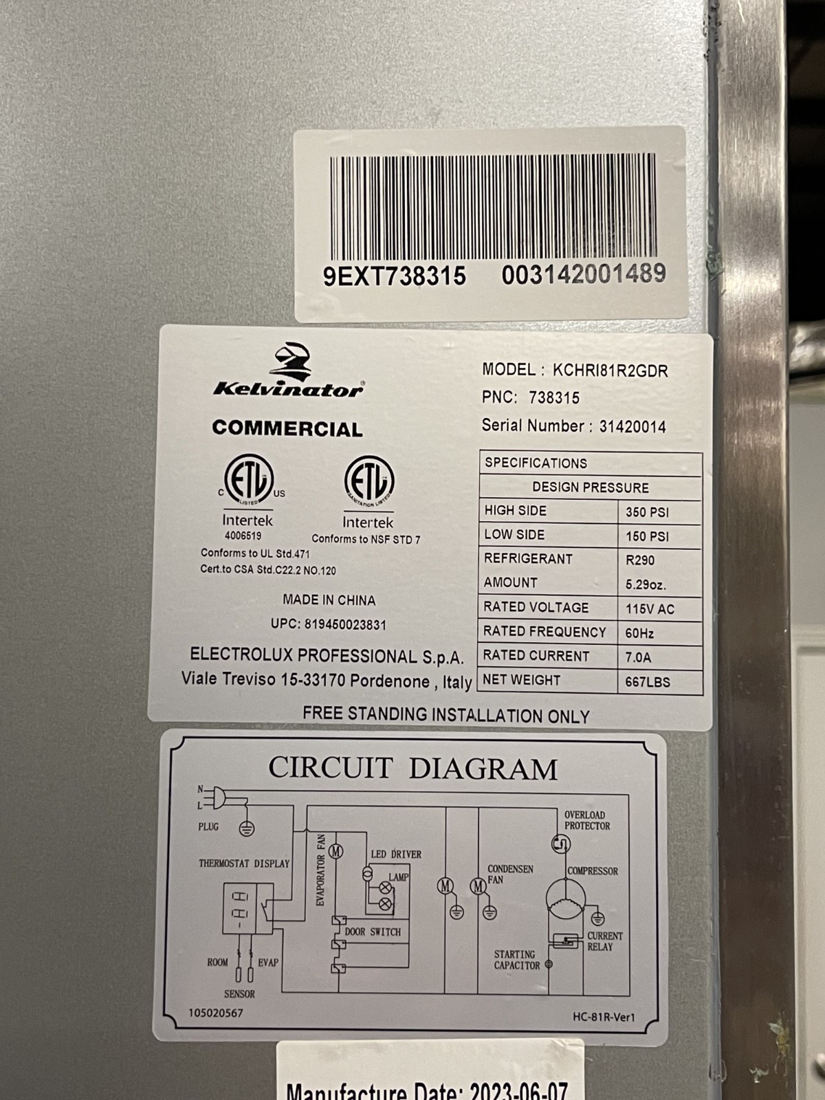 Kelvinator Commercial Refridgerator 81"