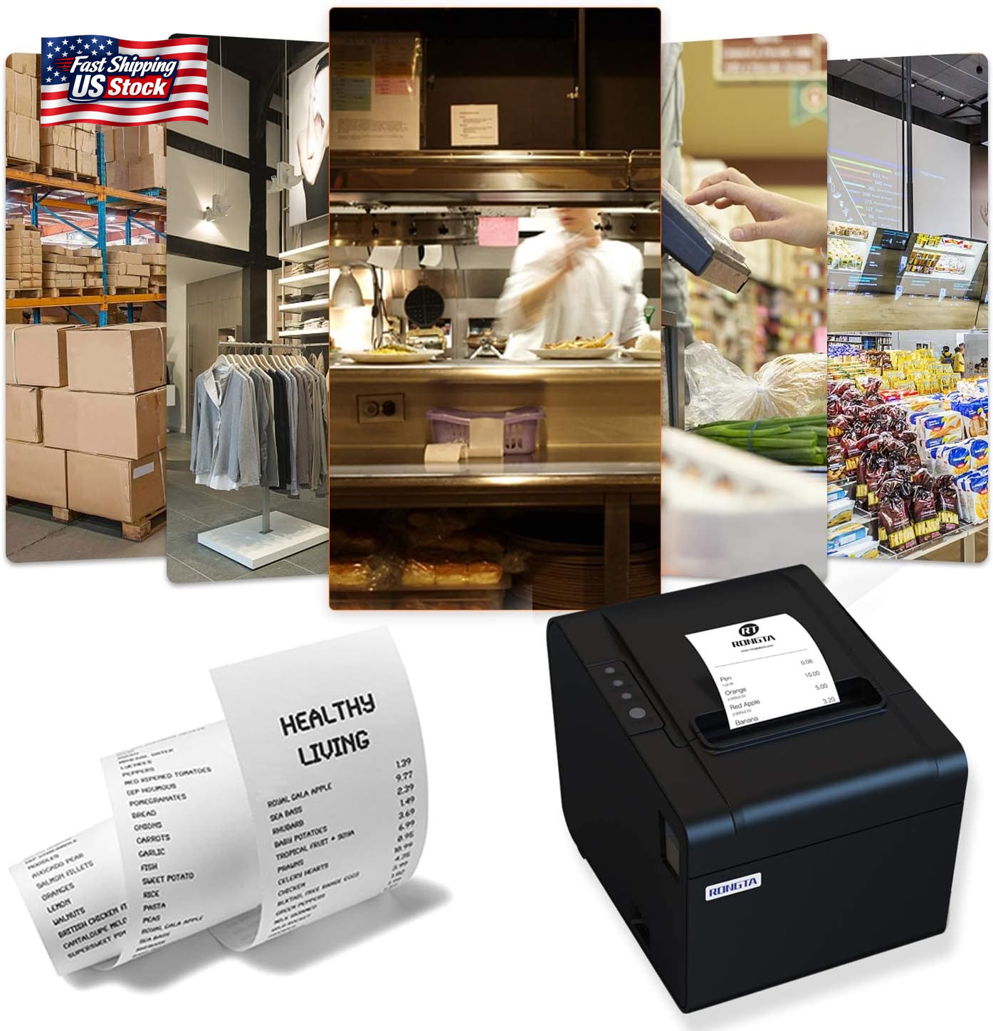 Rongta POS Printer, 80Mm USB Thermal Receipt Printer, Restaurant Kitchen Printer