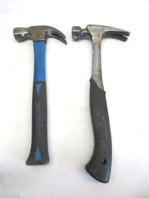 2 framing hammers, 1 all steel, 1 fiberglass handle, rubber grips, nail starter