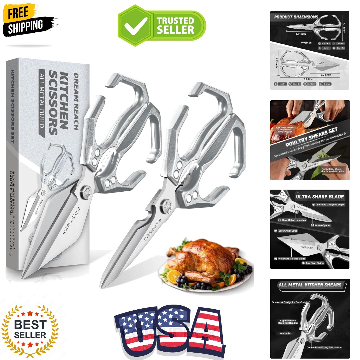 Kitchen Scissors Set - Multifunctional Heavy-Duty Kitchen Shears for Food, Me...