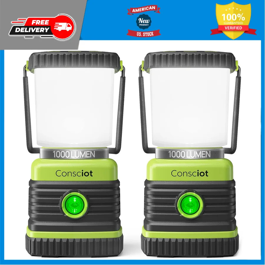 Consciot LED Camping Lantern 1000LM 4 Modes Waterproof Portable Light 2 Pack