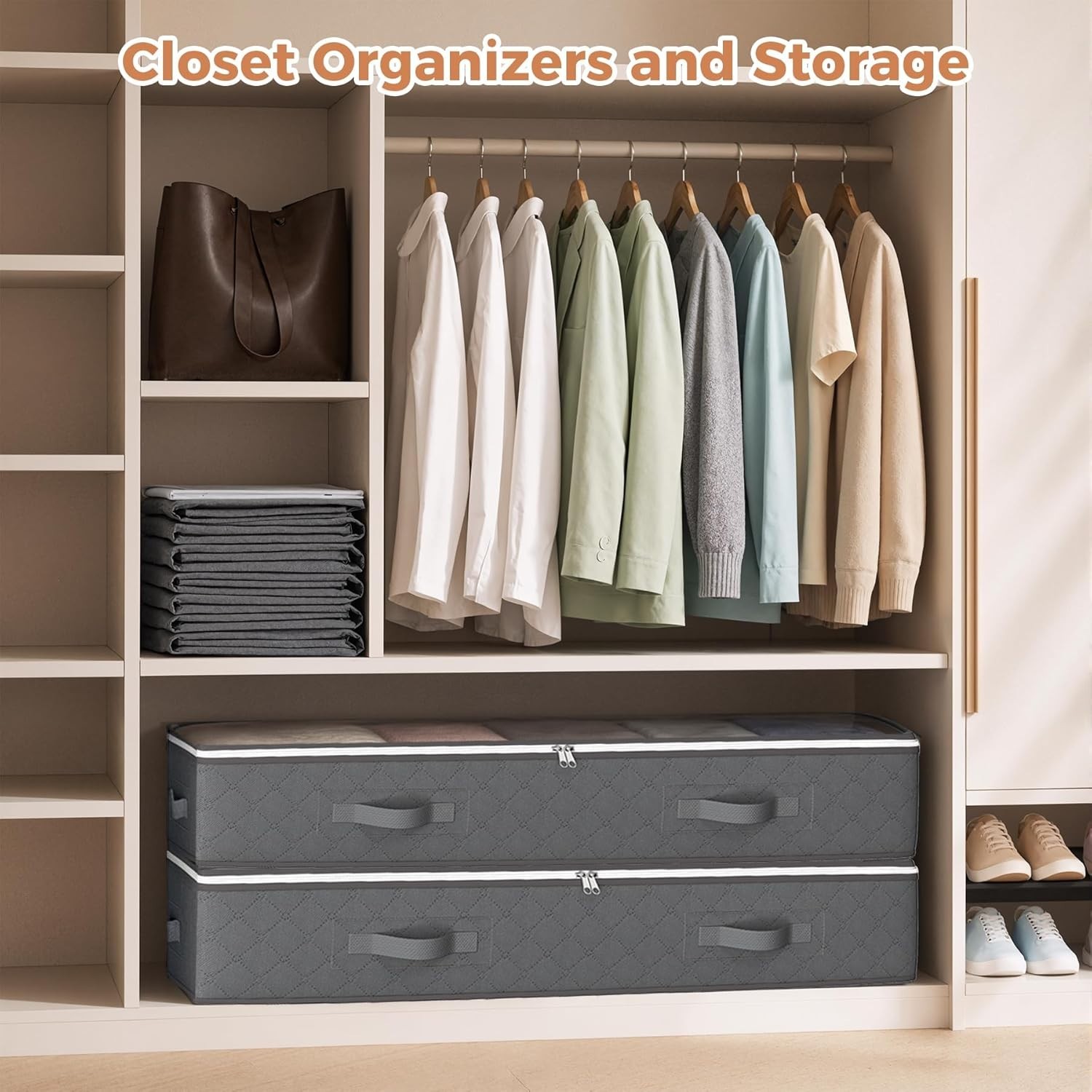 90L Under Bed Storage Containers, 4 Pack Closet Organizers Grey | Foldable un...