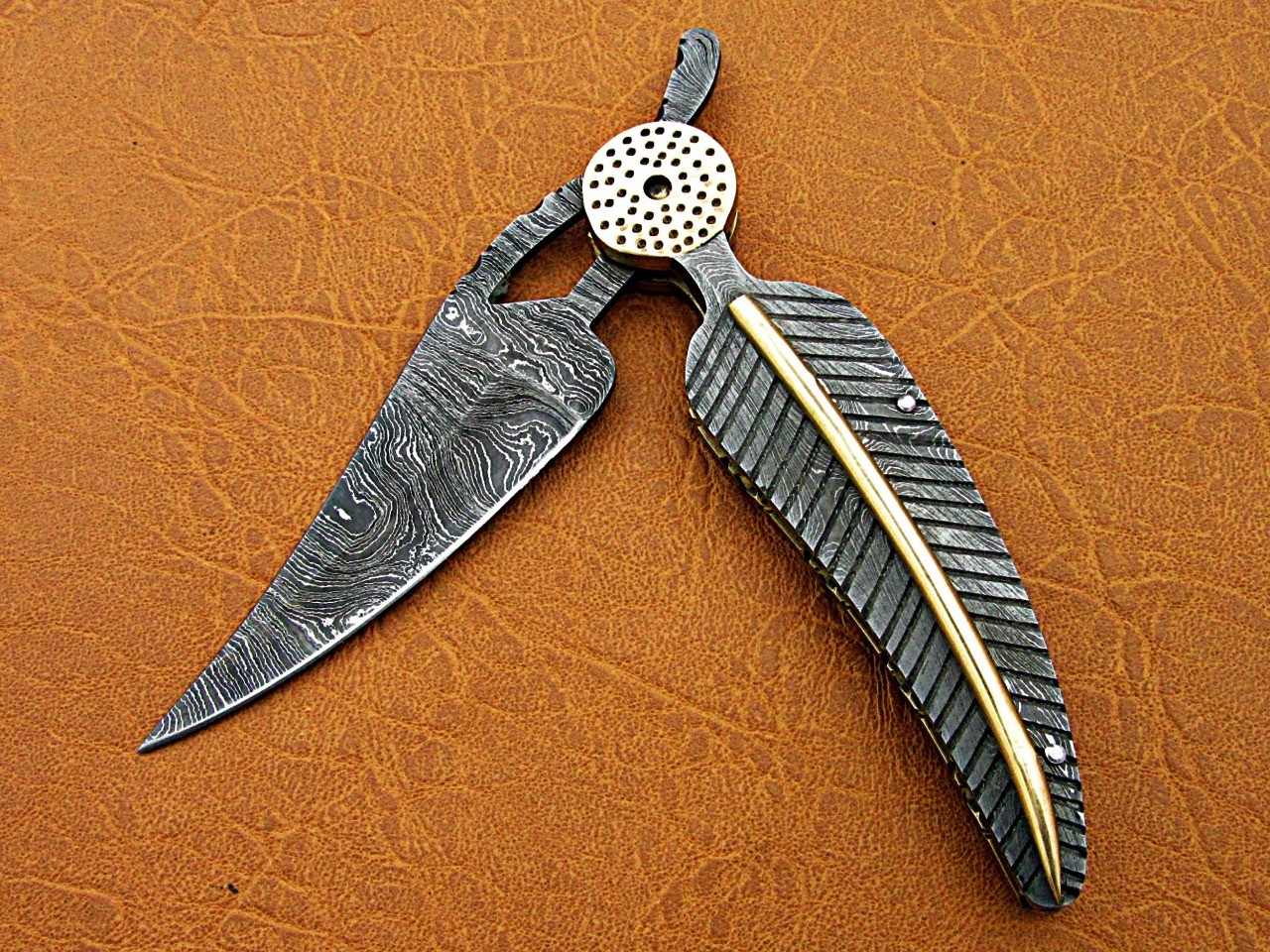 Damascus folding knife in exotic leaf shape engraved Damascus, Leather sheath
