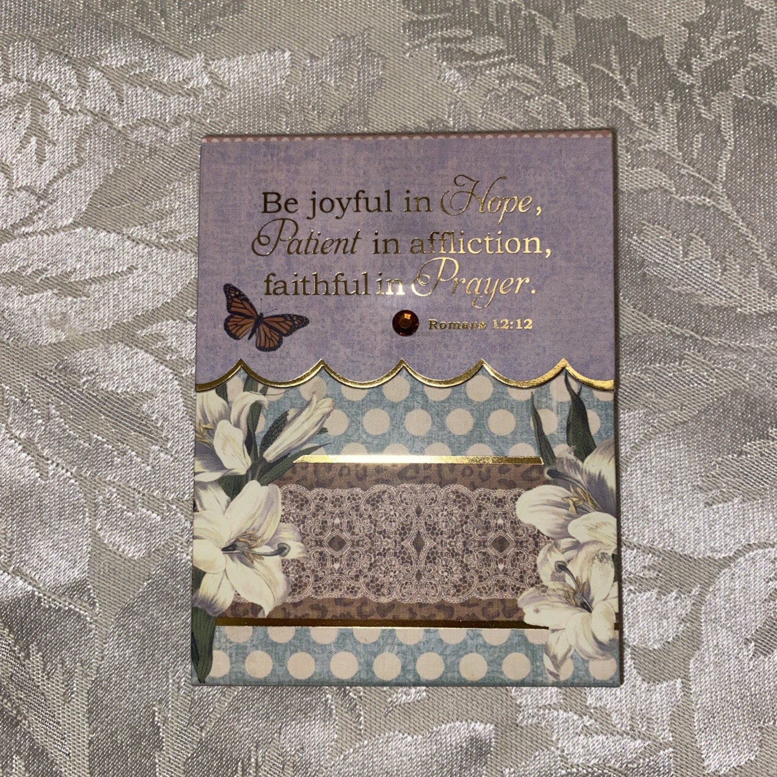 Purple Floral Mini Memo Pad Religious Romans 12:12 Bible Quote 100 Sheets