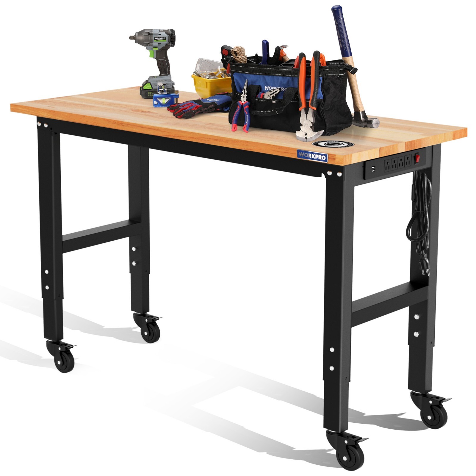 48"X22" Adjustable Workbench with Wheels, Rubber Wood Top Heavy-Duty Workstation