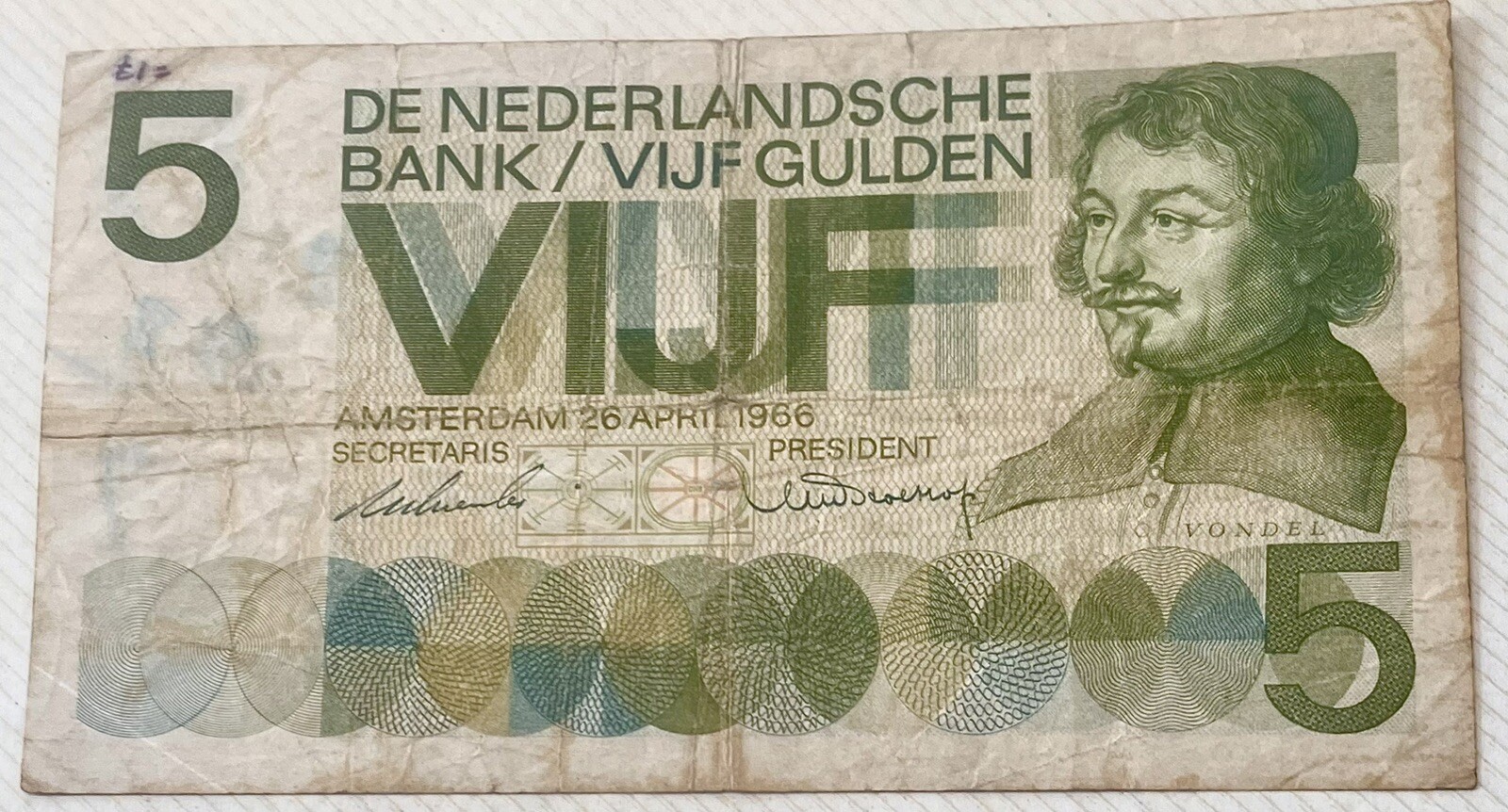 Netherlands 5 Guldn 1966 Banknote Circulated, Condition see Pictures PP118