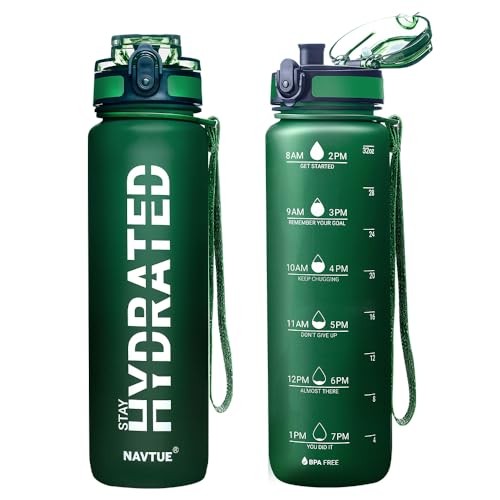 Water Bottle, 32oz Sports Water Bottles with Time Marker Wide 32 Ounces Green