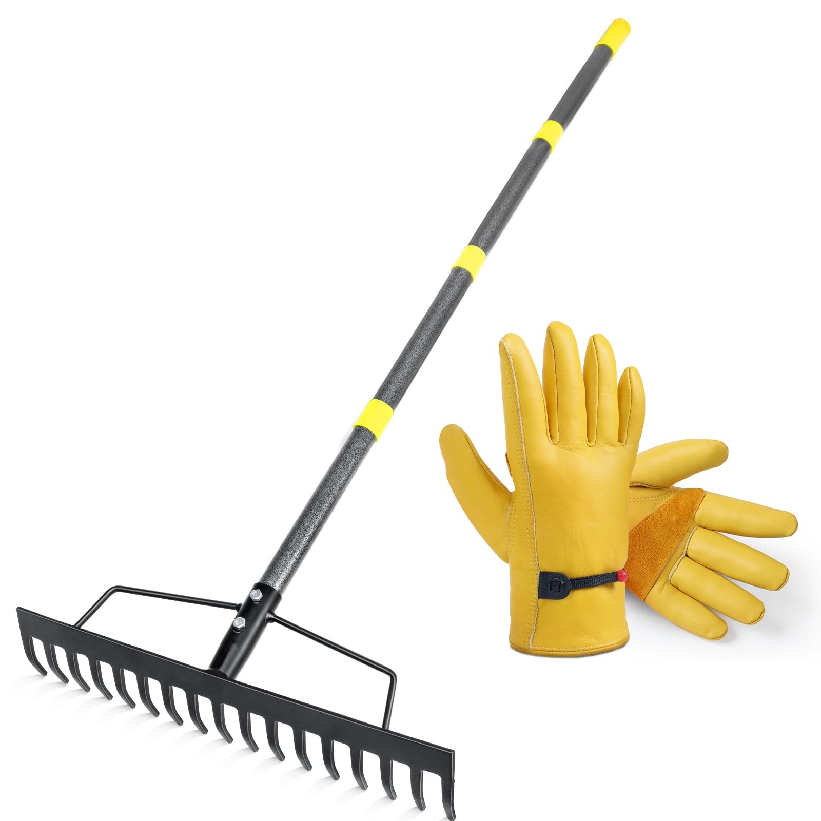 Heavy-Duty 17” Metal Bow Rake w/ XL Cowhide Gloves – Adjustable 65” Steel Han...