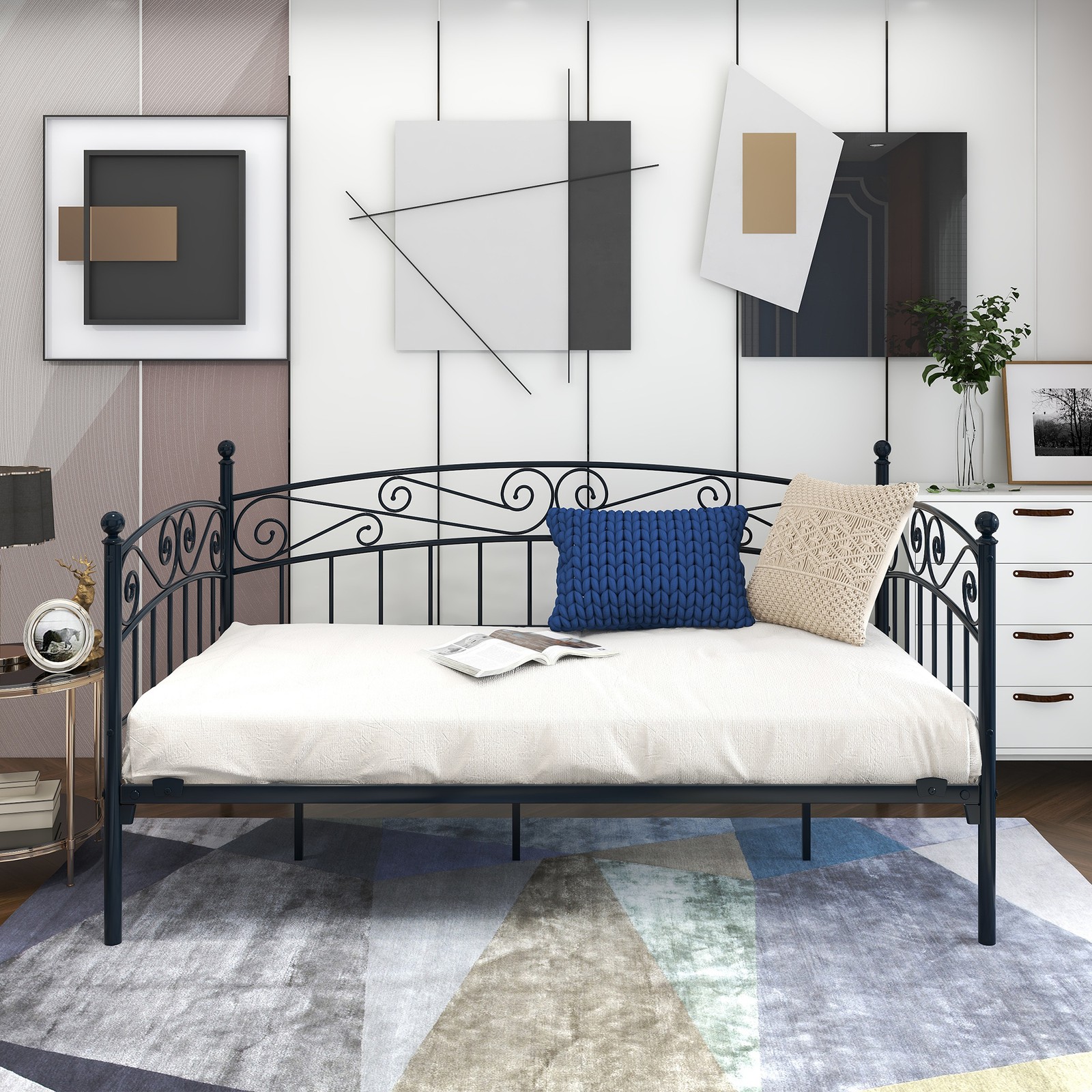 Metal Daybed Frame Multifunctional Mattress Foundation/Bed Sofa with Headboard,