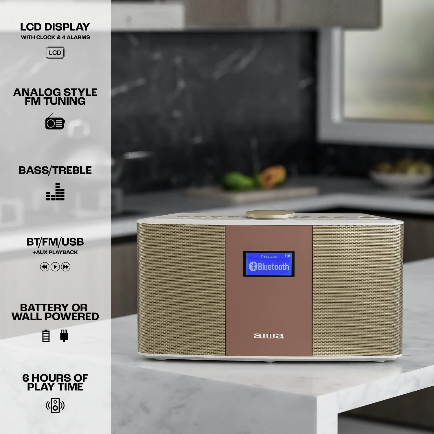 Aiwa Exos-5 Wireless Bluetooth Hi-Fi Home Speaker with FM Radio, USB, AUX, LCD C