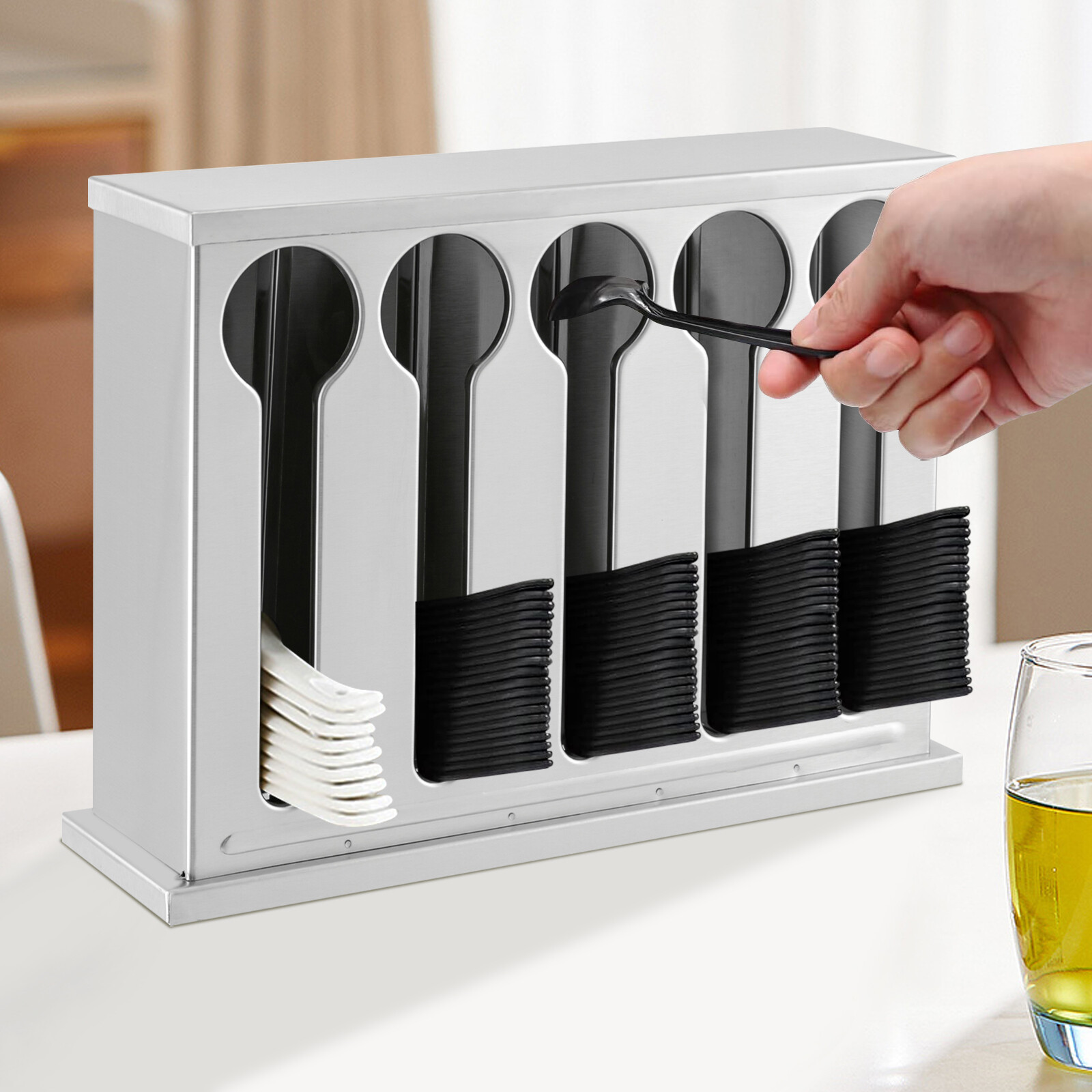 Silver 12.59*3.54*9.25“ 5 Compartment Stainless Steel Cutlery Organizer With Lid