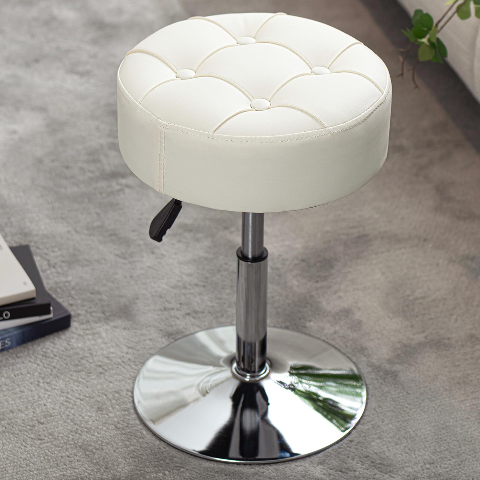White PU Leather FireResistant Adjustable Swivel Vanity Stool Makeup Chair
