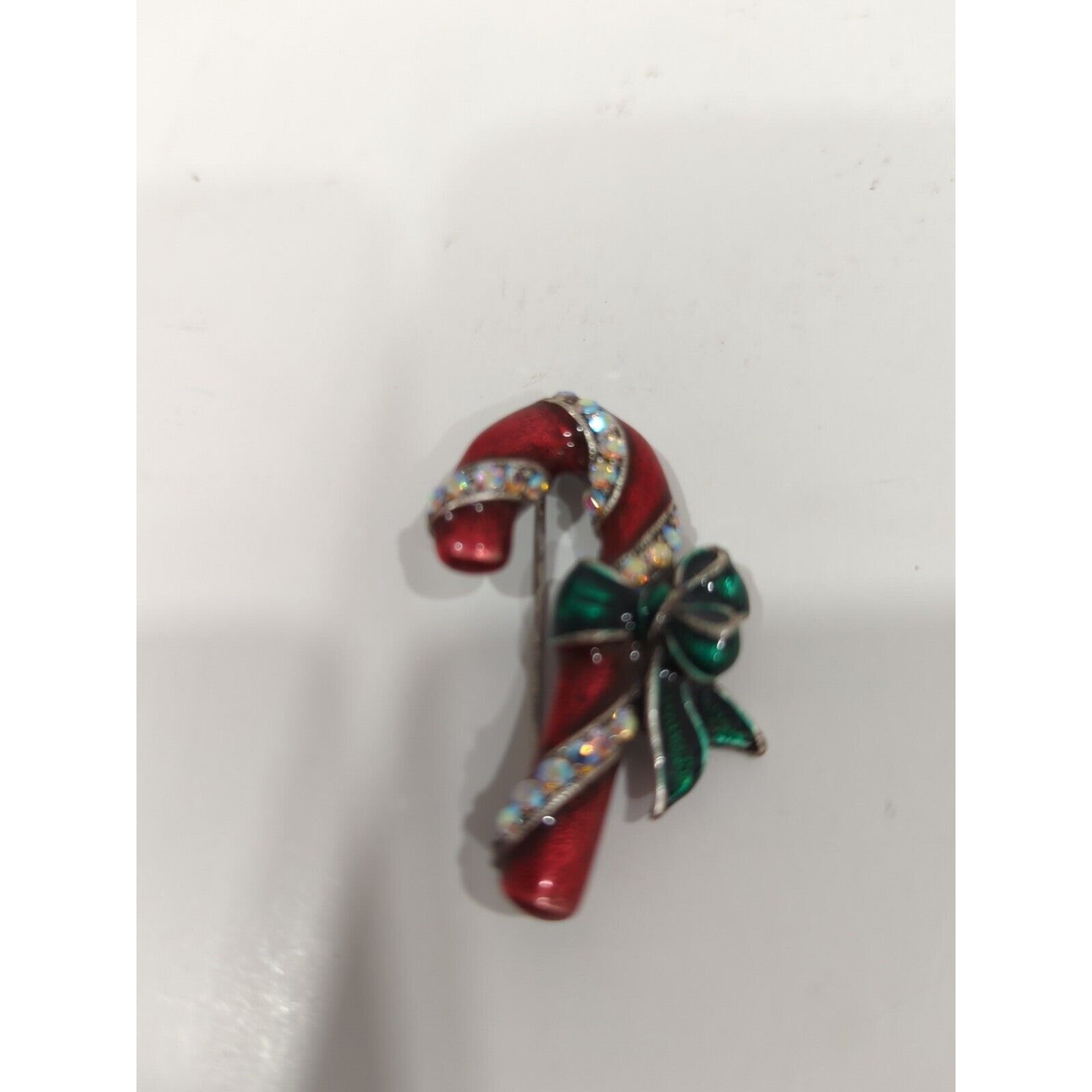 Red Christmas Candy Cane Green Bow Ribbon Brooch Pin, Marked