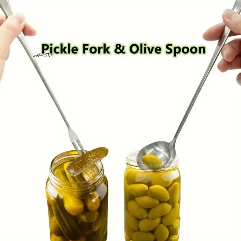 2pcs Stainless Steel Pickle Fork & Spoon Long Handle Set