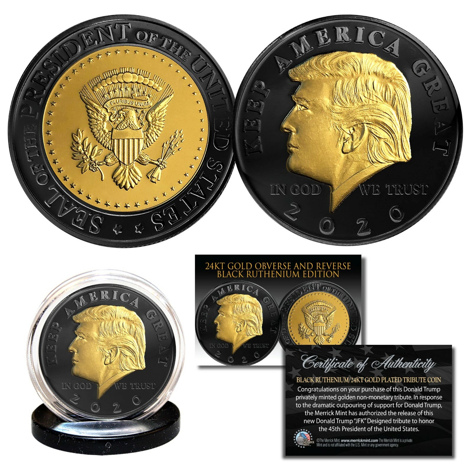 Donald Trump 2020 BLACK RUTHENIUM & 24K GOLD Tribute Coin with Certificate