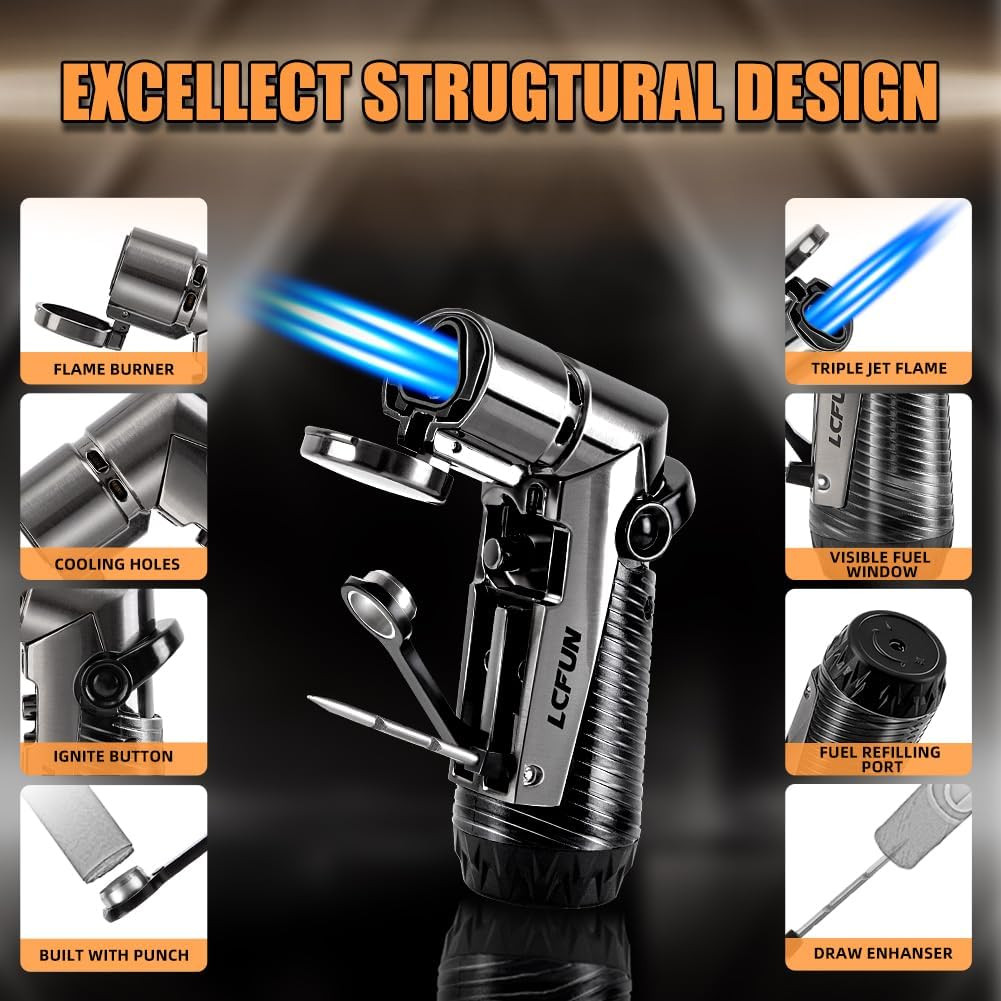 Torch Lighter Windproof Refillable Triple Jet Flame Butane Lighter with Punch An