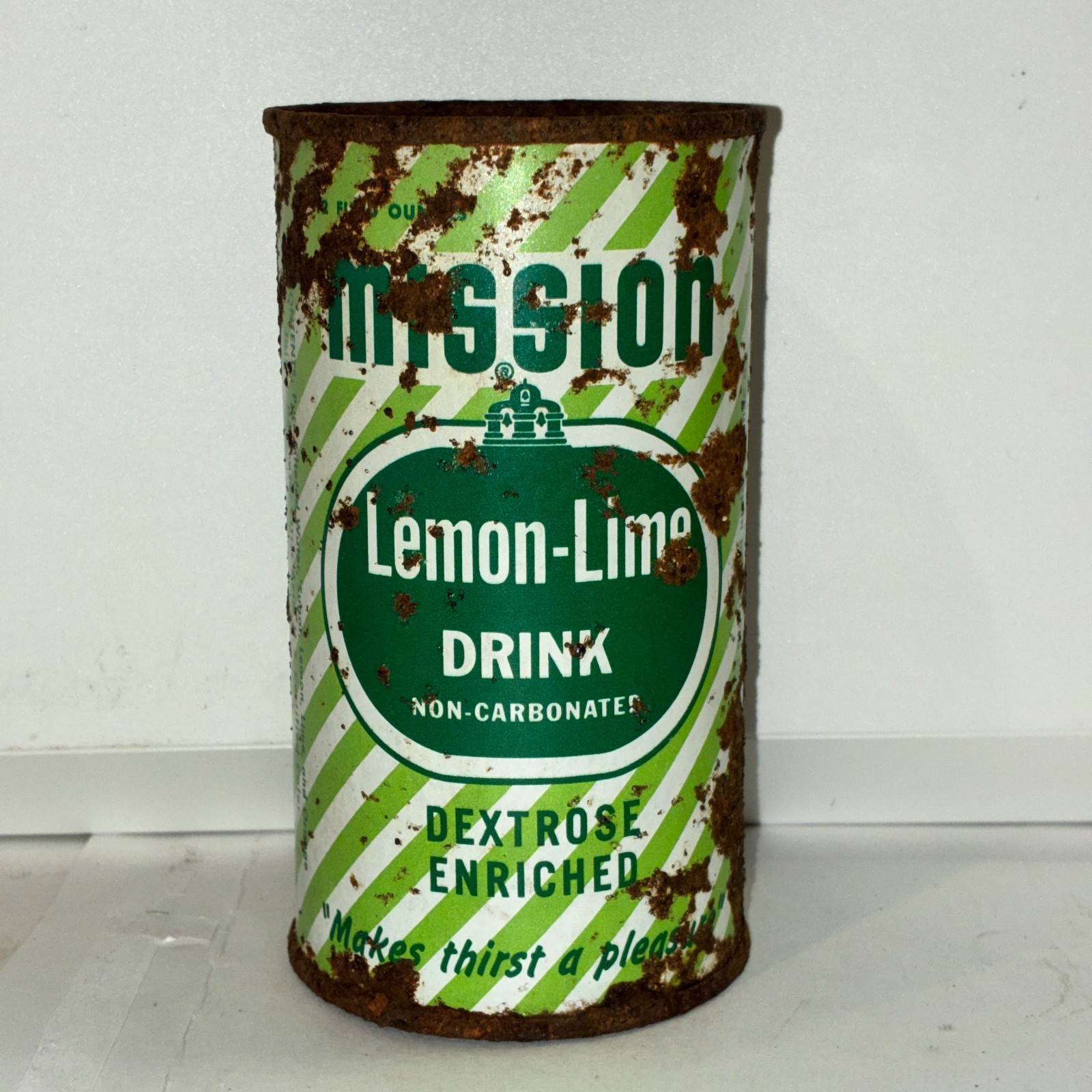 Mission Lemon Lime Drink soda can, flat top, Weber vanity bottom lid