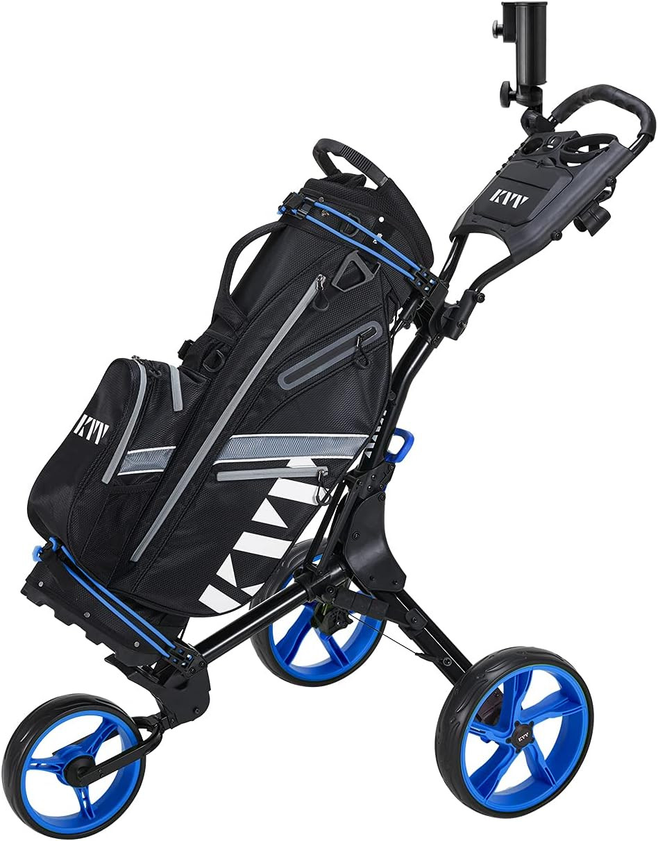 KVV 3 Wheel Golf Push Cart Ultra Lightweight Smallest Folding Size, New-Version