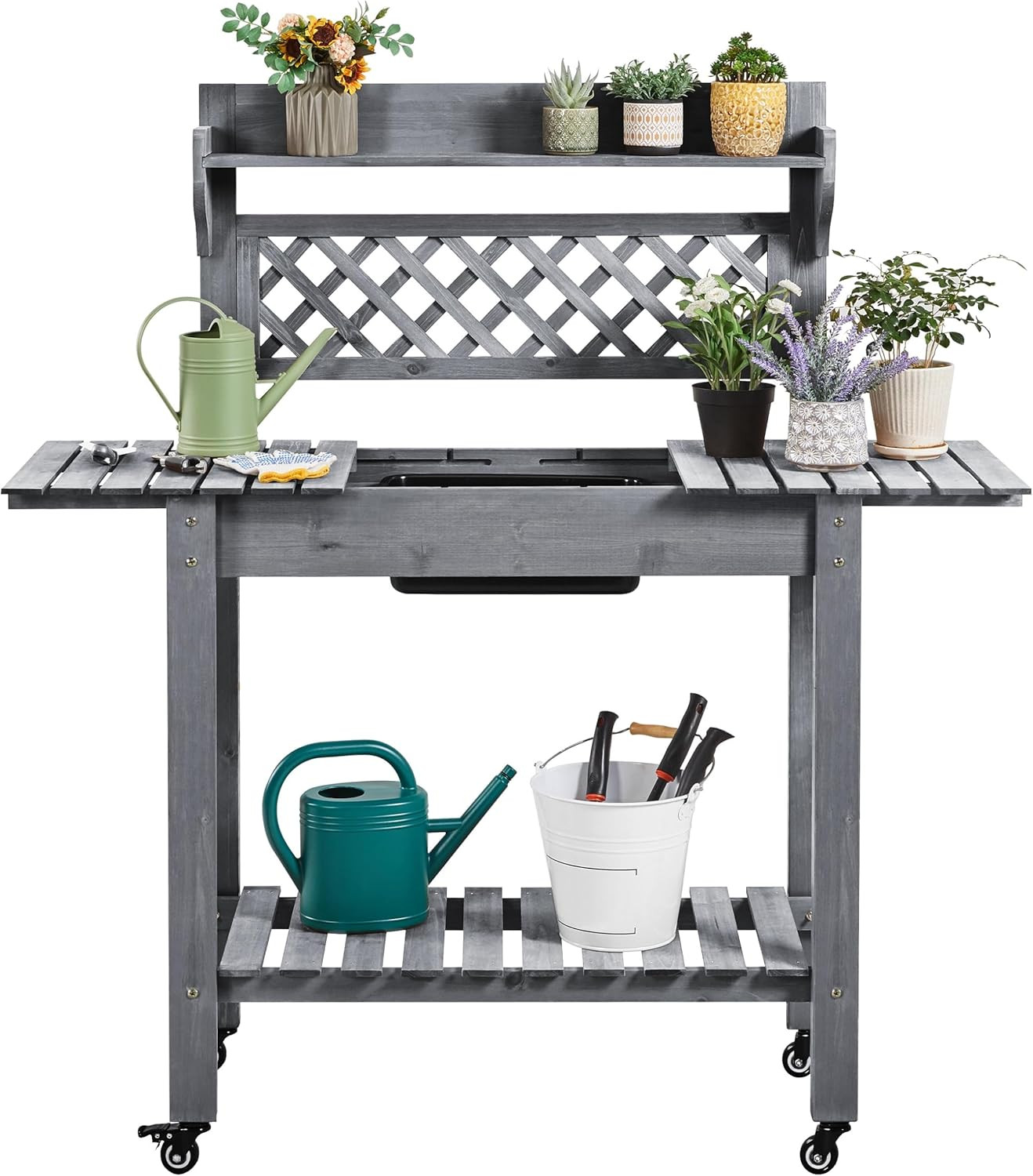 Potting Bench Table Outdoor Garden Potting Table Wooden Workstation W/Sliding Ta