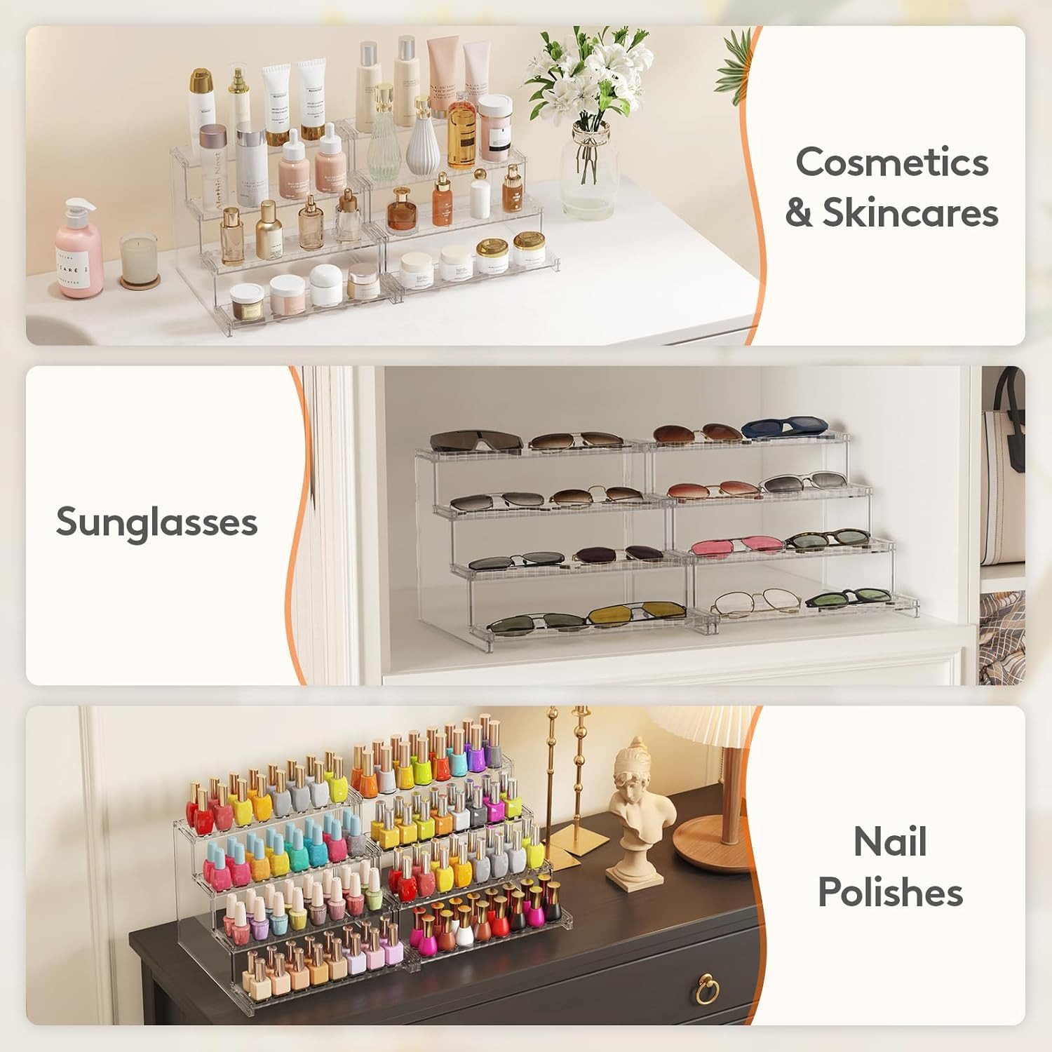 4 Tier Clear Display Riser Stand with Decorative Secure Fences, Tool-Free Assemb