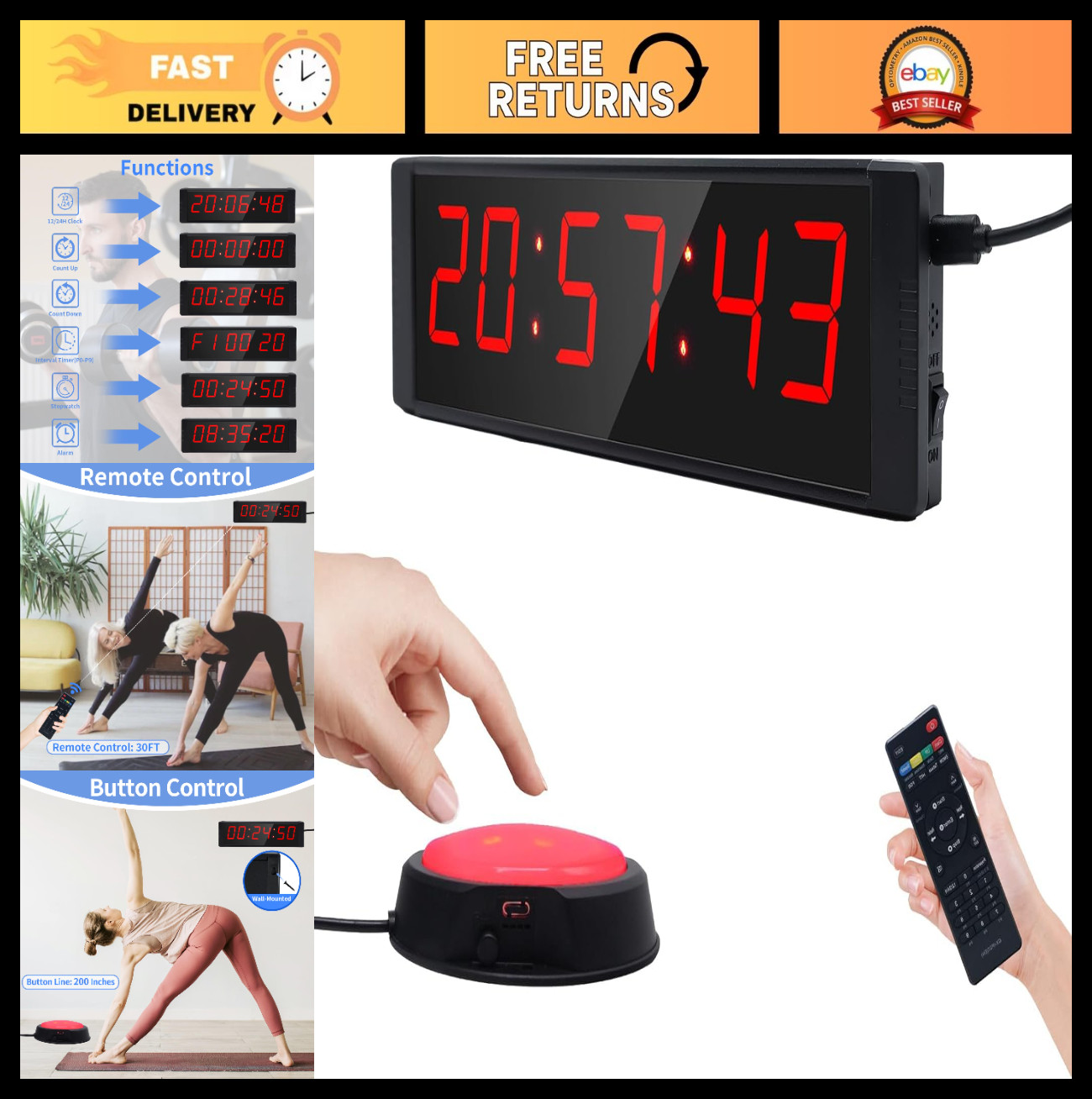 Large Digital Stopwatch Timer with Remote, Countdown Clock & Buzzer for Gym Work