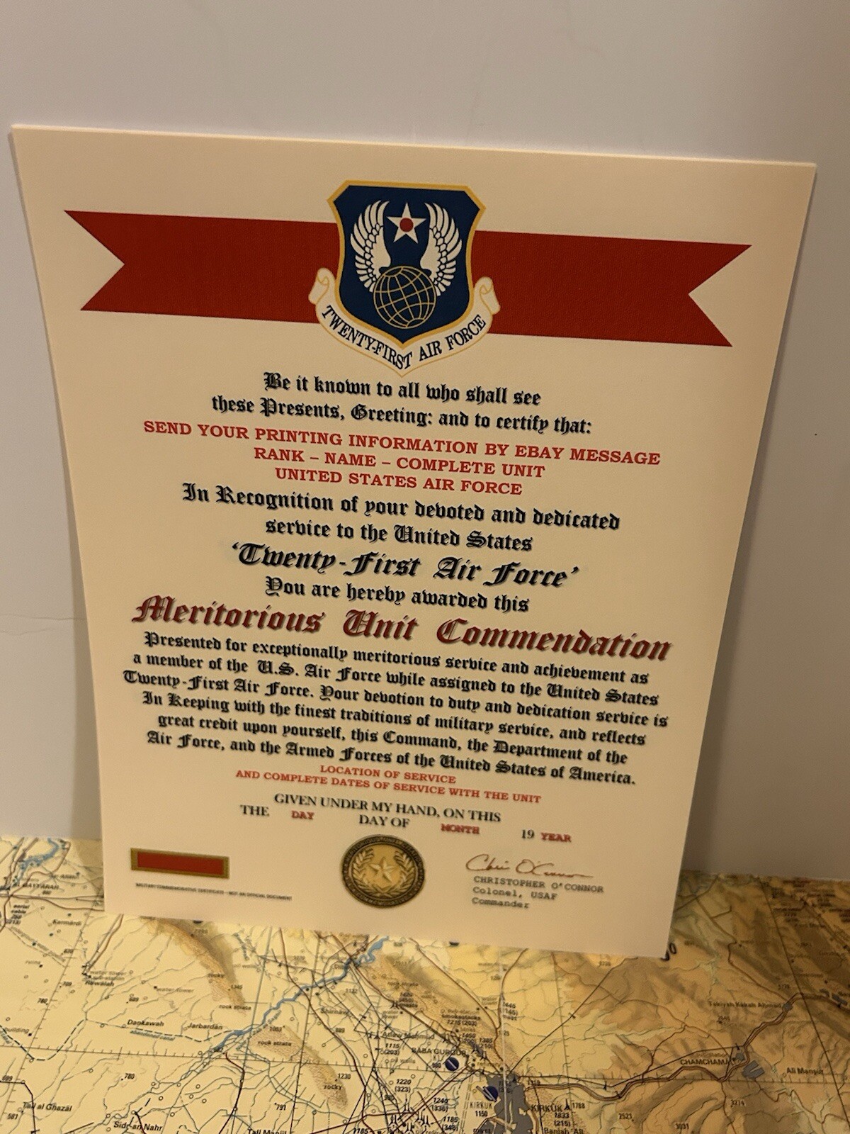 U.S. AIR FORCE / 21ST AIR FORCE - MERITORIOUS UNIT COMMENDATION CERTIFICATE