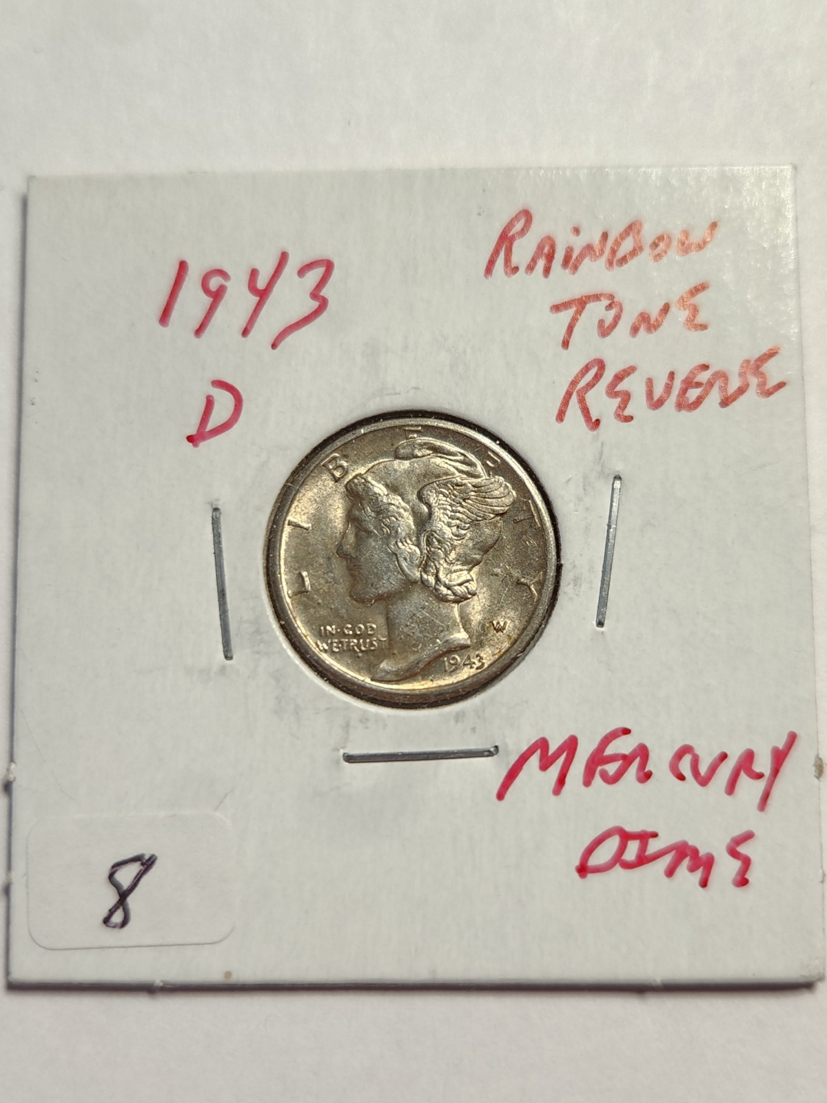 1943 D RAINBOW TONE REVERSE 90% SILVER MERCURY DIME