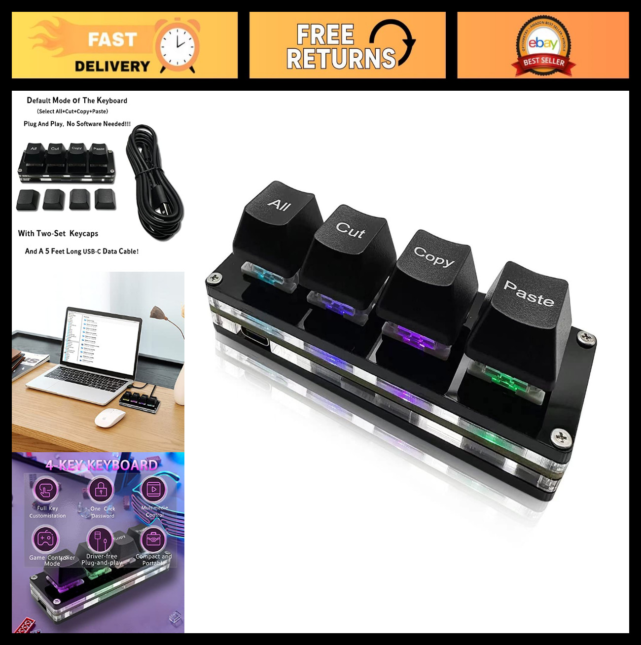Mini 4-Key Macro Pad - Cut Copy Paste Shortcut Keyboard, RGB Mechanical OSU Keyp