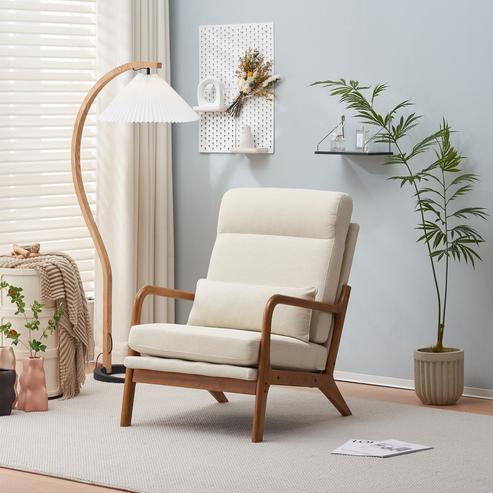 High Back Solid Wood Armrest Backrest Iron Frame Linen Indoor Leisure Chair Off