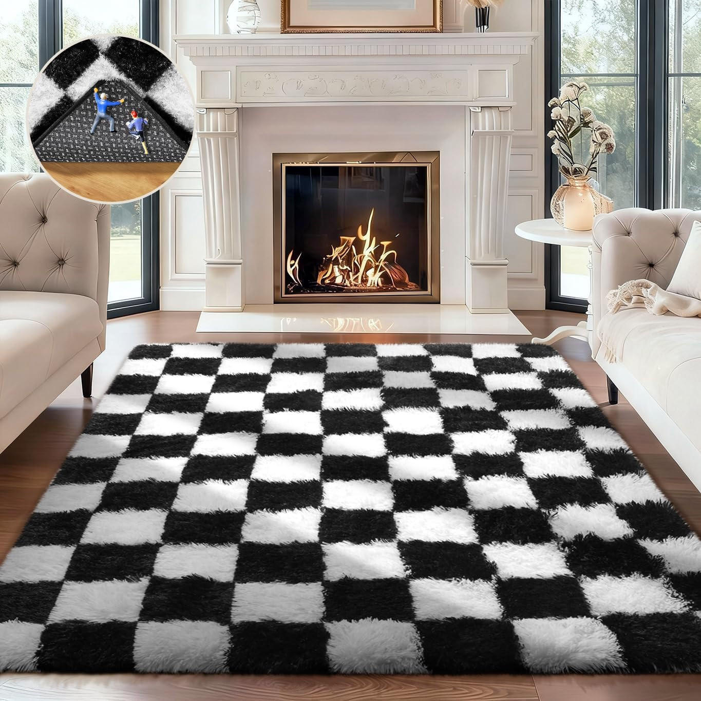 Checkered Black & White Rug for Living Room Bedroom,Fluffy Soft Cute Fuzzy Area