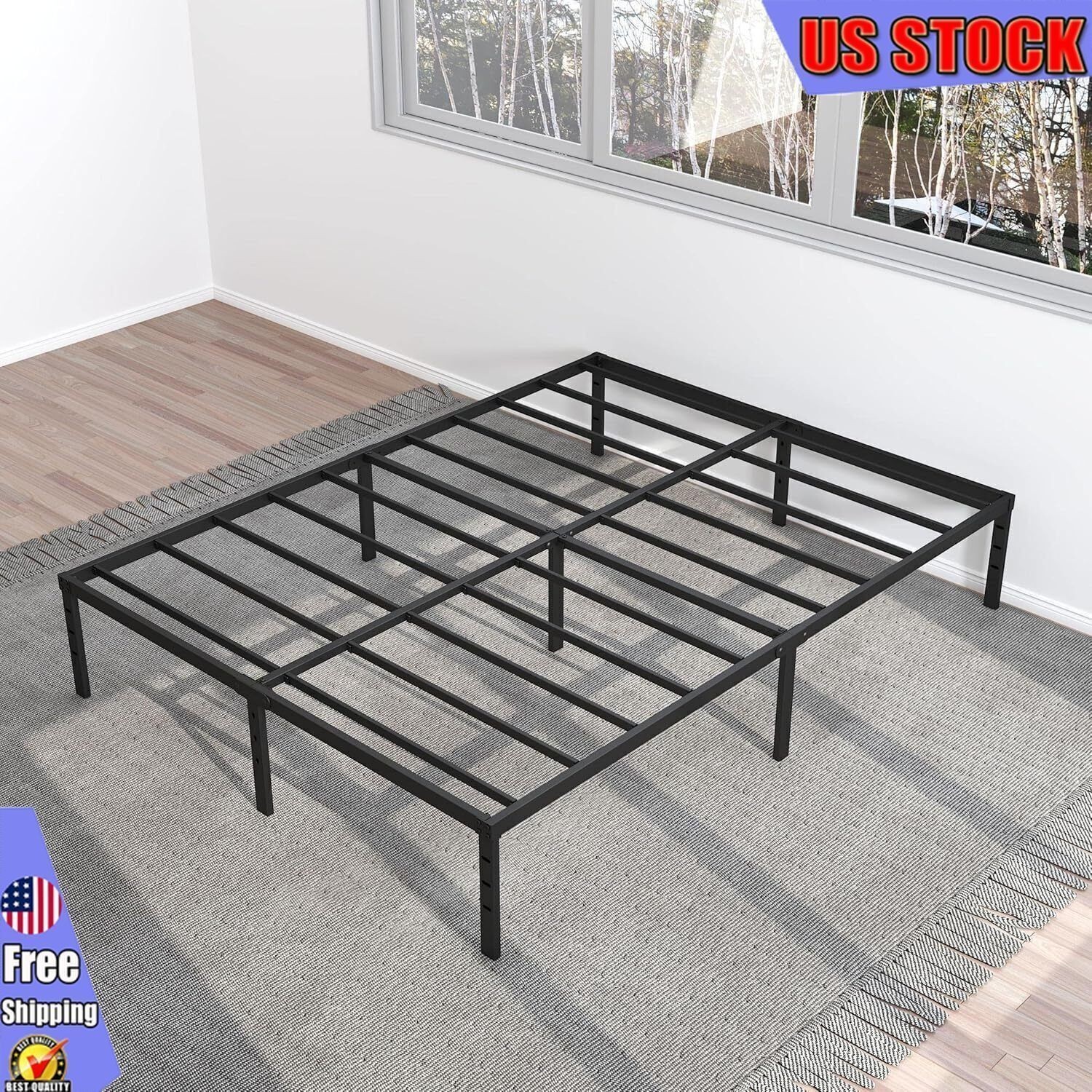 14'' Metal Bed Frame Queen Size No Box Spring Needed Heavy Duty Platform Black