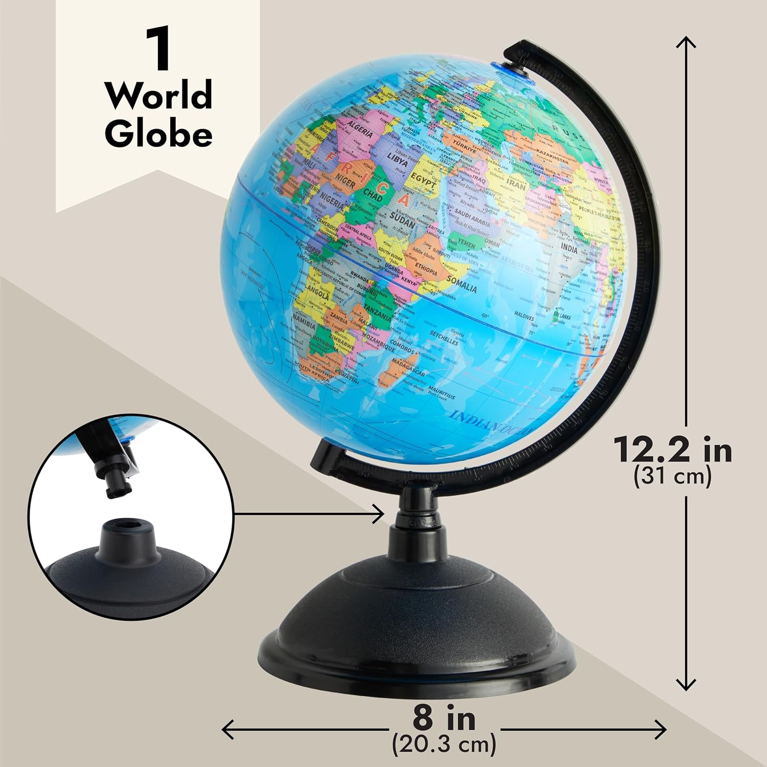 8-Inch Multicolor World Globe with Plastic Stand for Kids & Classroom Decor