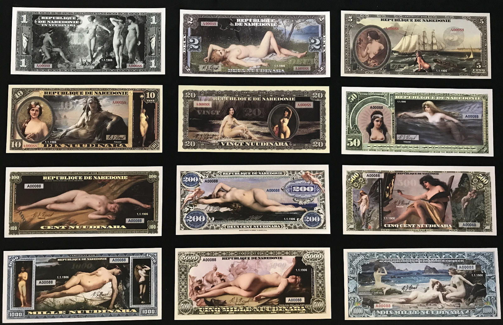 FULL SET OF 12 REPUBLIQUE DE NAKEDONIE FANTASY ART NOTES- BEAUTIFUL NUDE WOMEN!