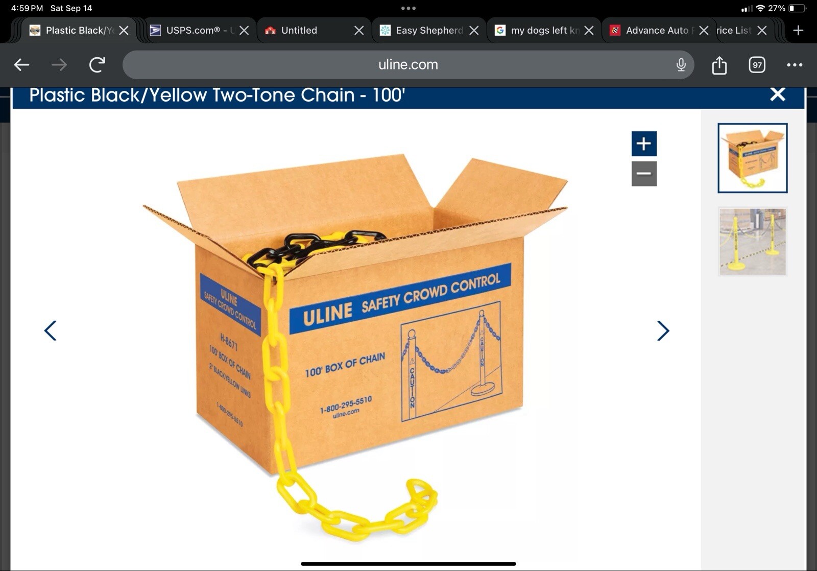 New Plastic Safety Chain 100 ft Black/Yellow U-Line H-8671 Unopened