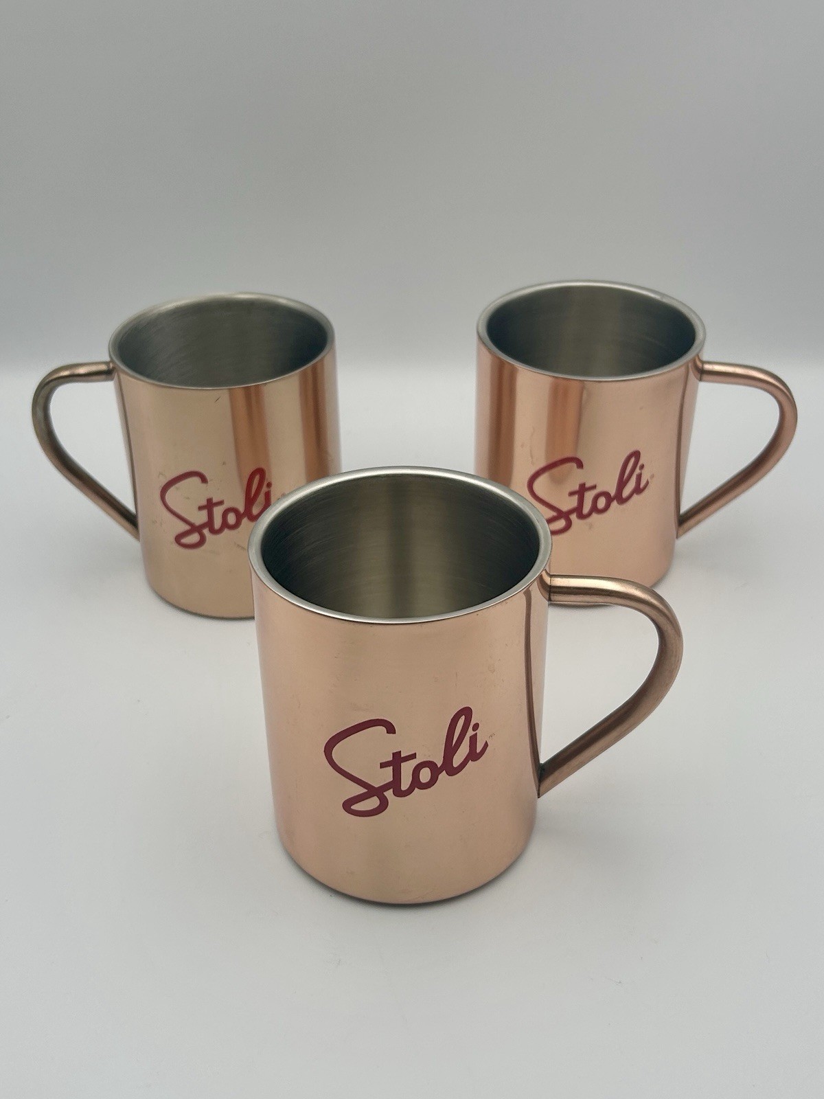 3 STOLI Vodka Moscow Mule Mugs Copper & Stainless Steel Red Letters