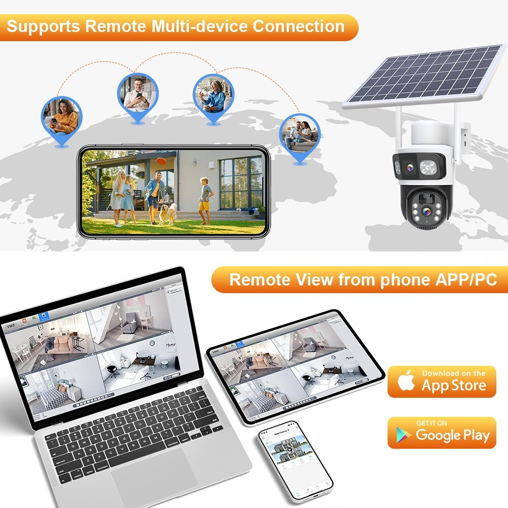 2PCS Solar 4MP Wireless Security Camera WIFI 2-Way Audio Dual-Lens PTZ Camera
