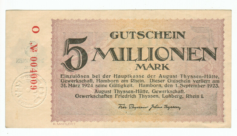 GERMANY BANKNOTE 5 MILLION MARK HAMBORN 1923