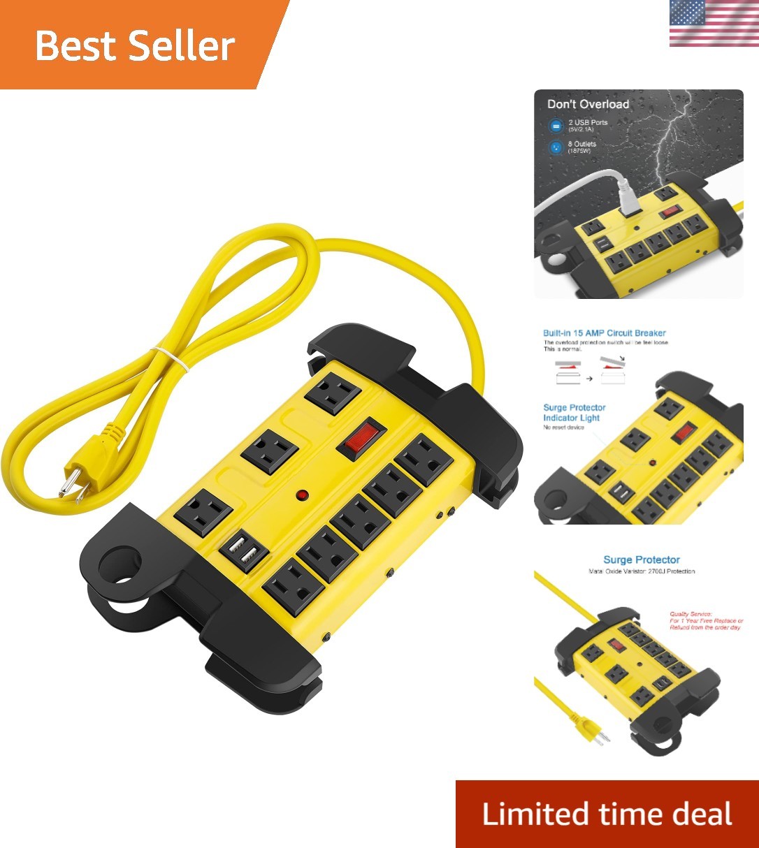 Heavy Duty 12FT Power Strip with 8 Outlets & USB, Ideal Workshop Surge Protector