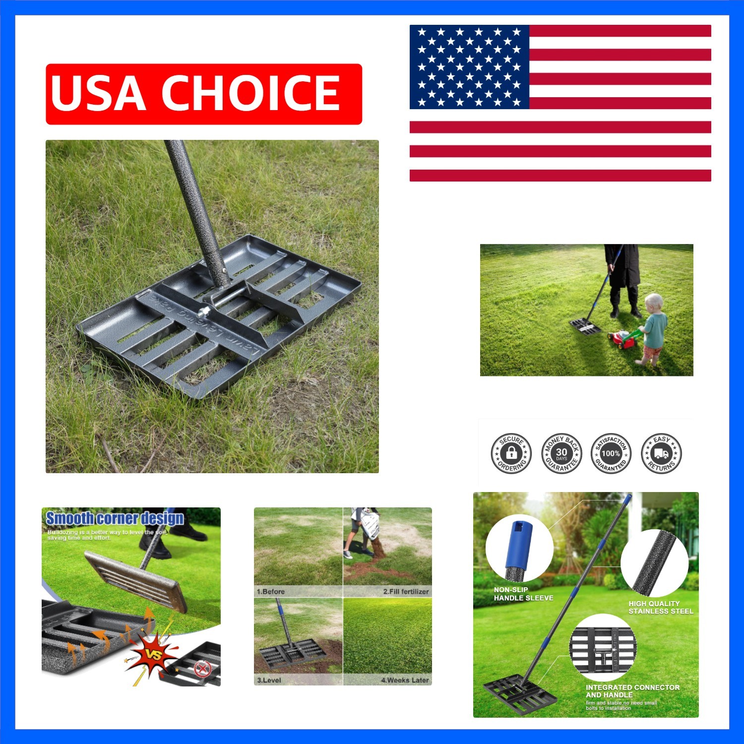 Stainless Steel Lawn Leveling Rake - 72” Adjustable Handle for Perfect Lawns