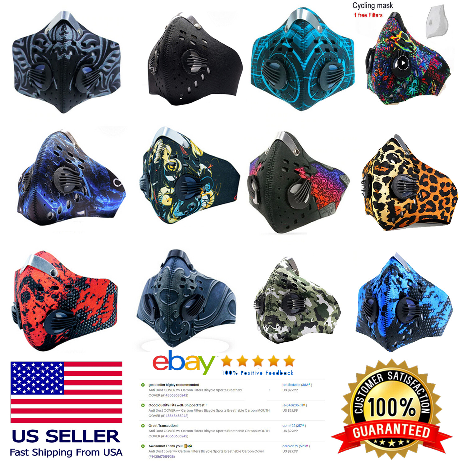 Anti MOUTH COVER w/ Carbon Filters  Bicycle Sports Breathable Carbon MOUTH COVER