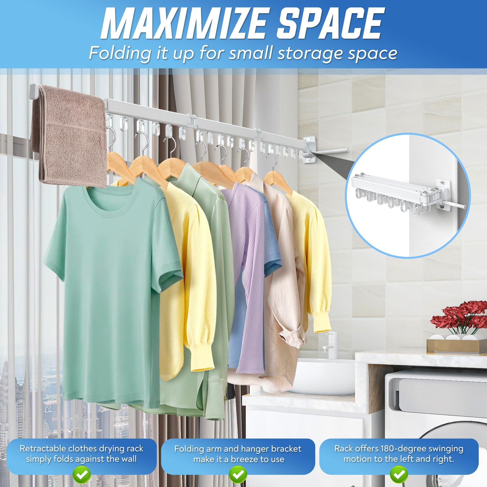 Clothes Drying Rack Wall Mounted Foldable, Retractable & Collapsible(Tri-Fold...