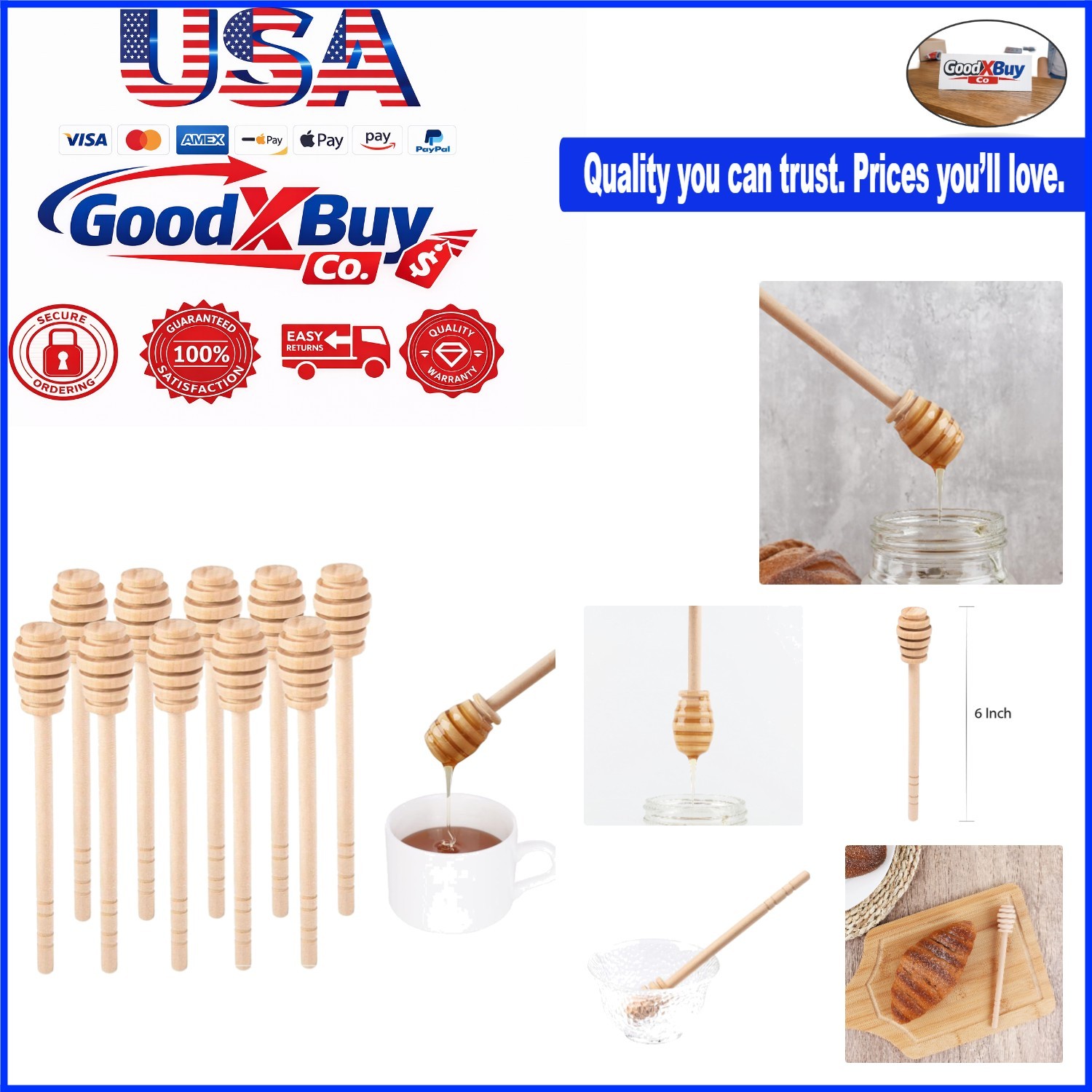 Wooden Honey Dipper Sticks 6 Inch Pack of 10 Food-Grade Kitchen Tool,