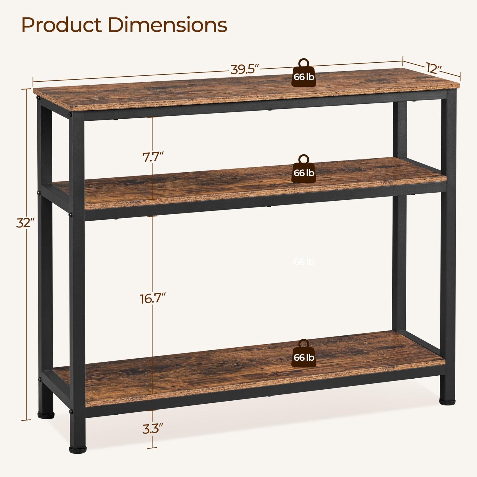 Industrial Console Table with 3-Tier Storage, Multifunction Vintage Sofa Table