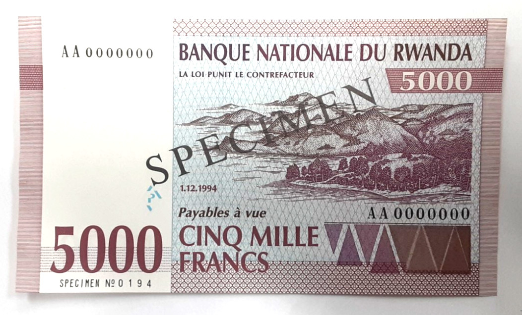 1994 Rwanda 5000 Francs SPECIMEN Banknote-P#25s Crisp UNC