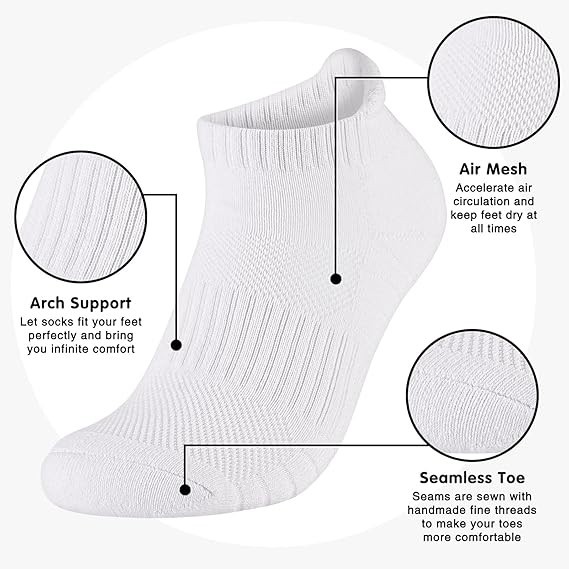 Mens 100% Cotton Ankle Socks, Athletic Cushioned Performance Running Moisture